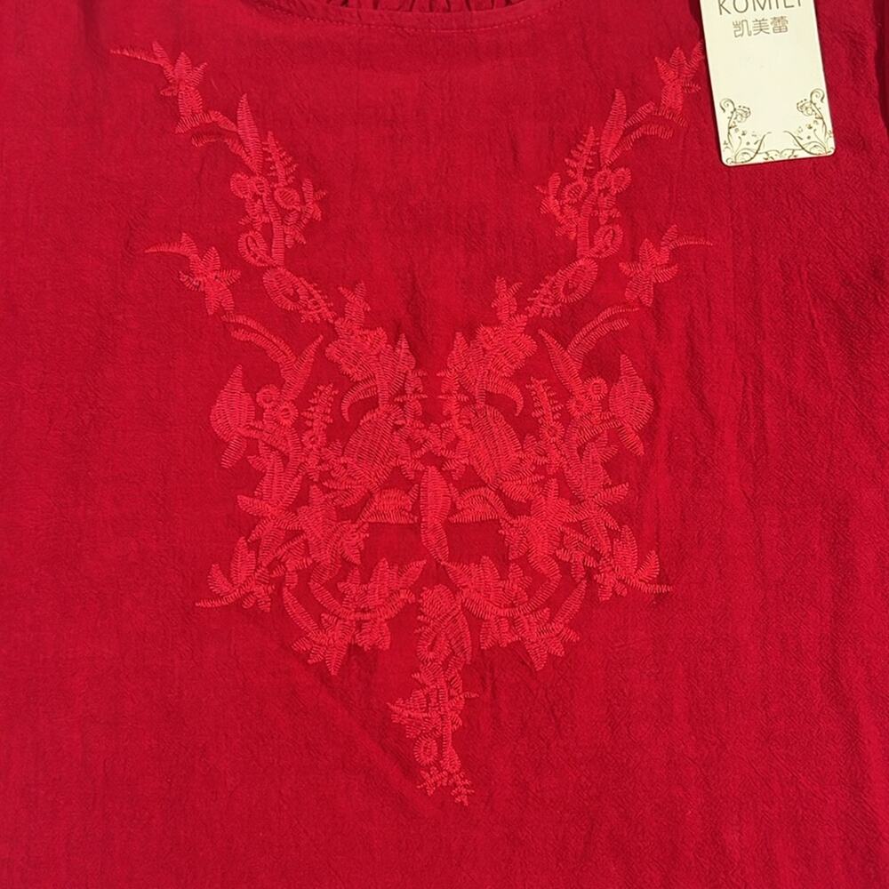 New! Komili romantic red embroidered ruffle neck puff sleeves feminine top L - Picture 3 of 9